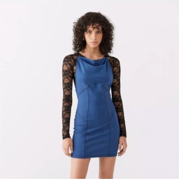 Urban Outfitters | Complex High Neck Mini Dress Blue Multi Pinstripe Stretch New - Picture 4 of 15